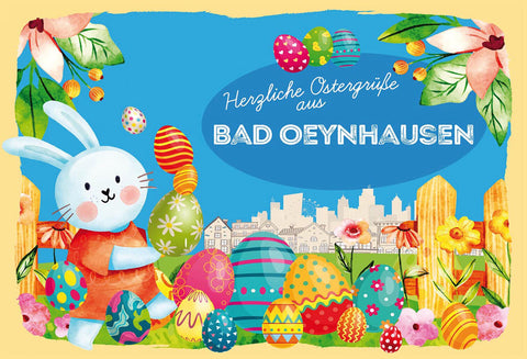 Schild Spruch Herzliche Ostergrüße aus Bad Oeynhausen Osterhase Eier Comic JW