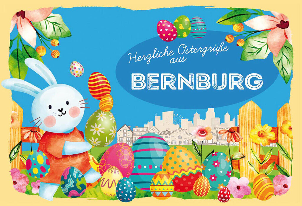 Schild Spruch Herzliche Ostergrüße aus Bernburg Osterhase Eier Comic JW