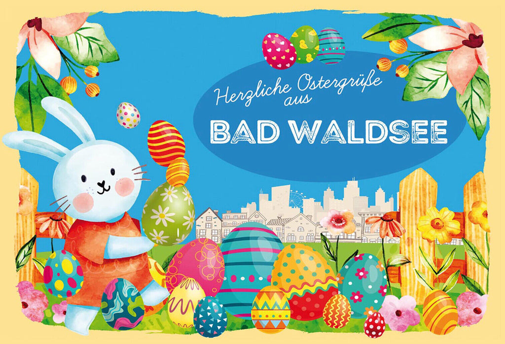 Schild Spruch Herzliche Ostergrüße aus Bad Waldsee Osterhase Eier Comic JW