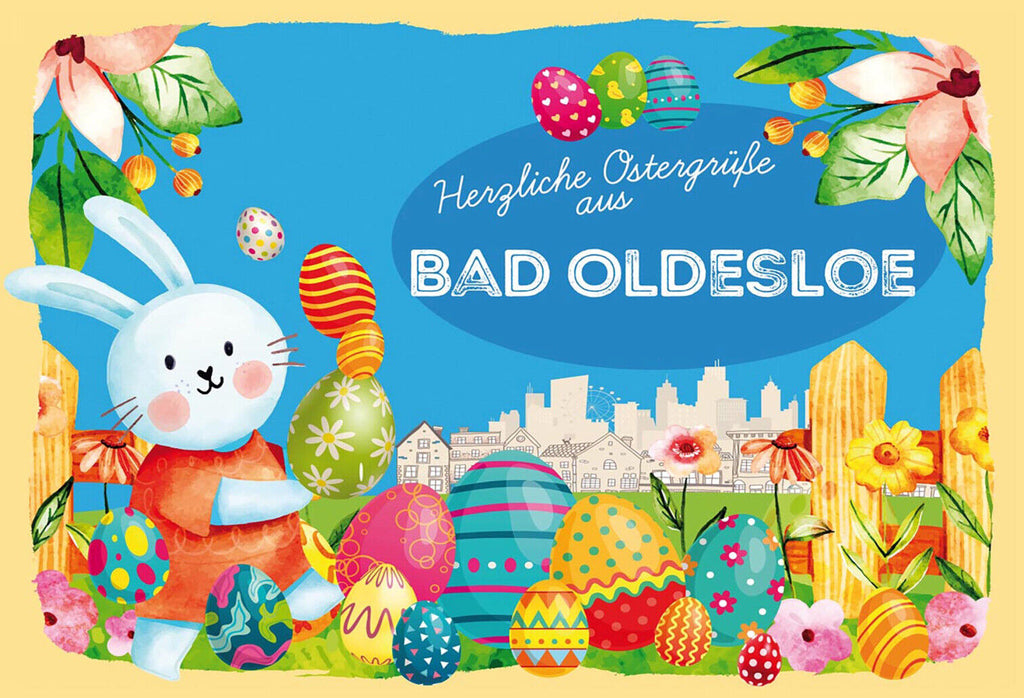 Schild Spruch Herzliche Ostergrüße aus Bad Oldesloe Osterhase Eier Comic JW