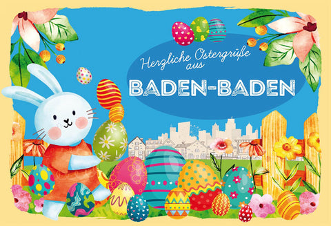 Schild Spruch Herzliche Ostergrüße aus Baden-Baden Osterhase Eier Comic JW