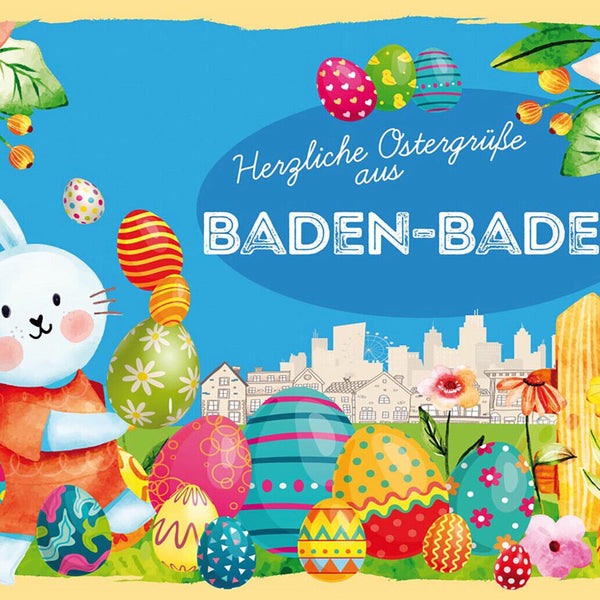 Schild Spruch Herzliche Ostergrüße aus Baden-Baden Osterhase Eier Comic JW