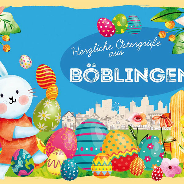 Schild Spruch Herzliche Ostergrüße aus Böblingen Osterhase Eier Comic JW