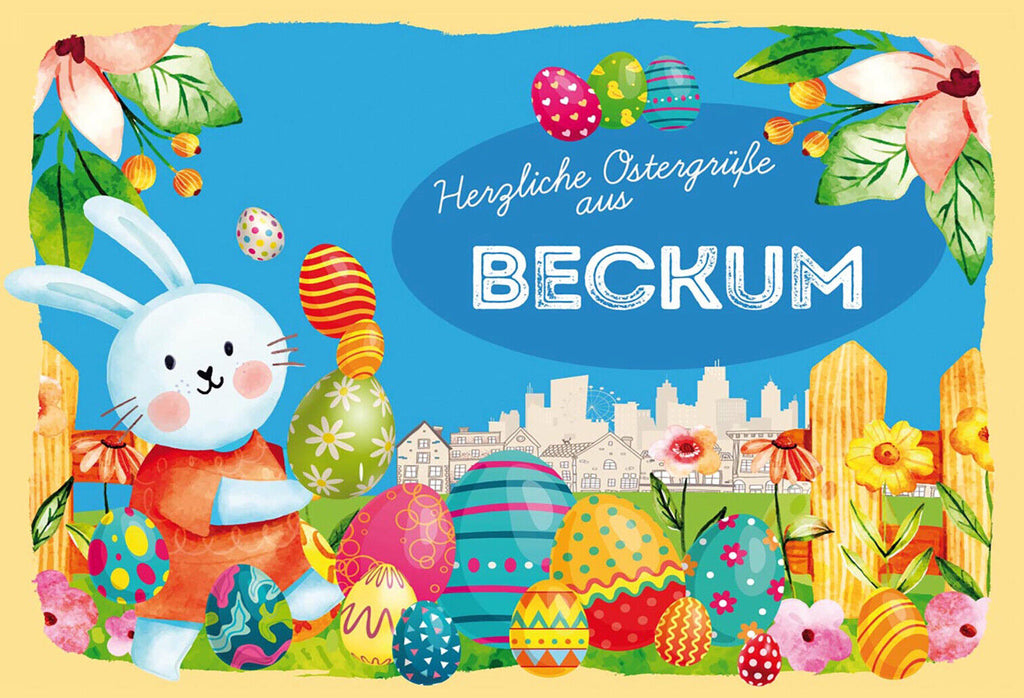 Schild Spruch Herzliche Ostergrüße aus Beckum Osterhase Eier Comic JW