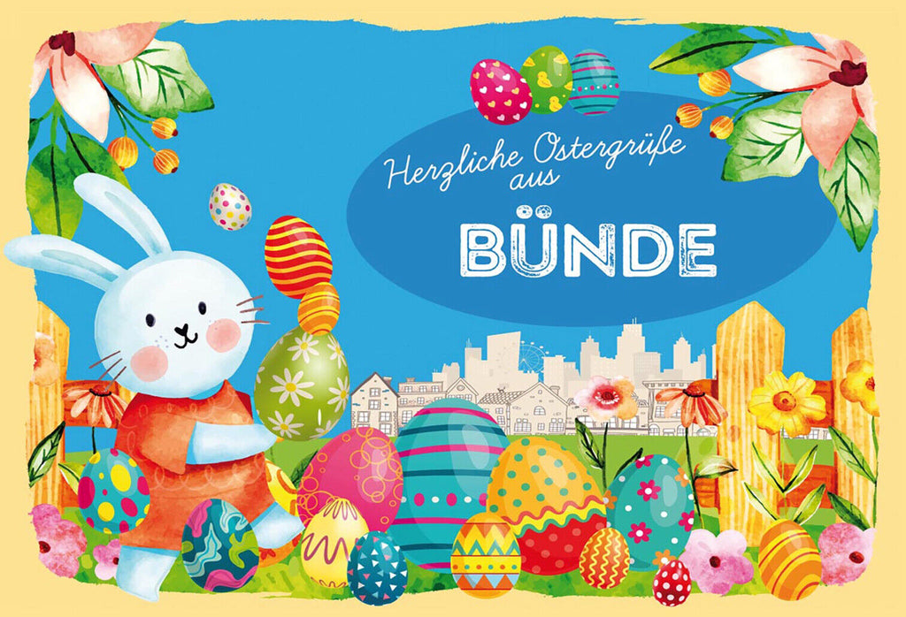 Schild Spruch Herzliche Ostergrüße aus Bünde Osterhase Eier Comic JW