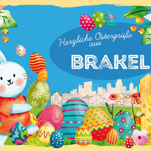 Schild Spruch Herzliche Ostergrüße aus Brakel Osterhase Eier Comic JW
