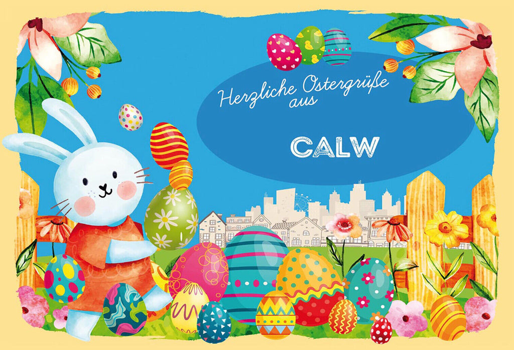 Schild Spruch Herzliche Ostergrüße aus Calw Osterhase Eier Comic JW