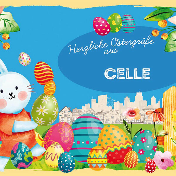 Schild Spruch Herzliche Ostergrüße aus Celle Osterhase Eier Comic JW