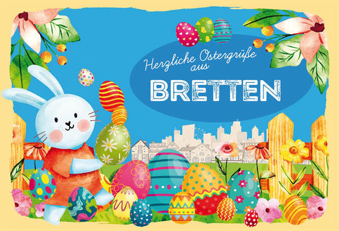 Schild Spruch Herzliche Ostergrüße aus Bretten Osterhase Eier Comic JW