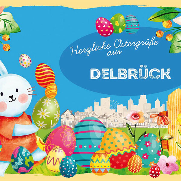 Schild Spruch Herzliche Ostergrüße aus Delbrück Osterhase Eier Comic JW
