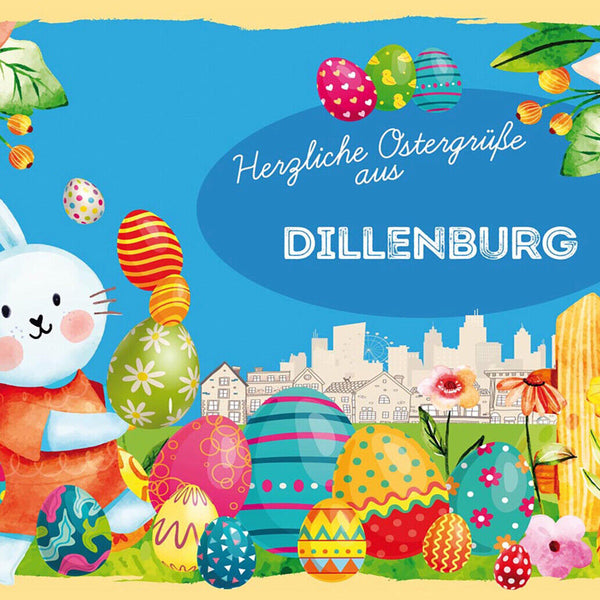 Schild Spruch Herzliche Ostergrüße aus Dillenburg Osterhase Eier Comic JW