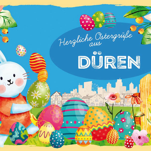 Schild Spruch Herzliche Ostergrüße aus Düren Osterhase Eier Comic JW