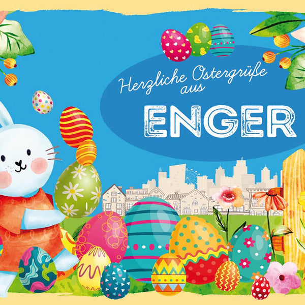 Schild Spruch Herzliche Ostergrüße aus Enger Osterhase Eier Comic JW