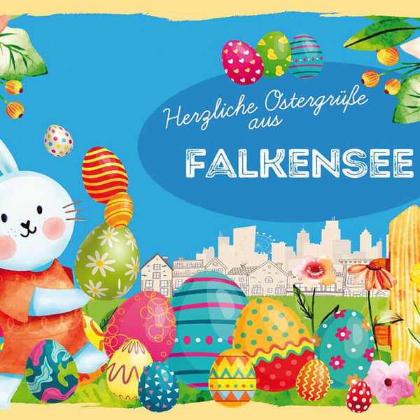 Schild Spruch Herzliche Ostergrüße aus Falkensee Osterhase Eier Comic JW