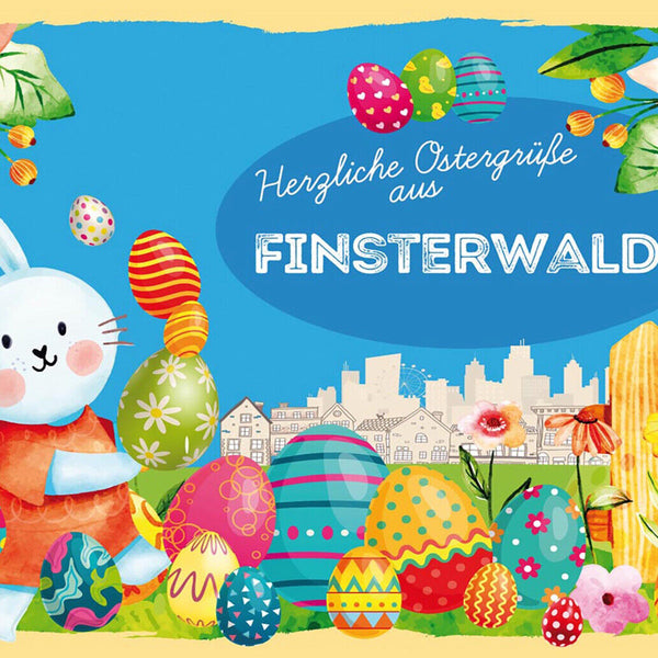 Schild Spruch Herzliche Ostergrüße aus Finsterwalde Osterhase Eier Comic JW