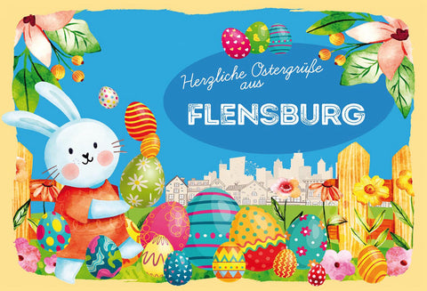 Schild Spruch Herzliche Ostergrüße aus Flensburg Osterhase Eier Comic JW