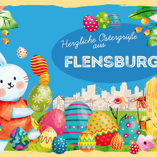 Schild Spruch Herzliche Ostergrüße aus Flensburg Osterhase Eier Comic JW