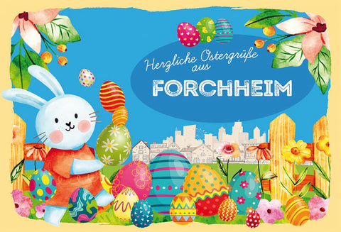 Schild Spruch Herzliche Ostergrüße aus Forchheim Osterhase Eier Comic JW