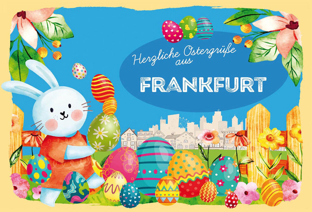 Schild Spruch Herzliche Ostergrüße aus Frankfurt Osterhase Eier Comic JW