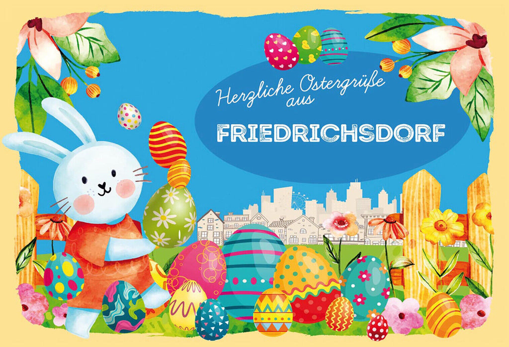 Schild Spruch Herzliche Ostergrüße aus Friedrichsdorf Osterhase Eier Comic JW