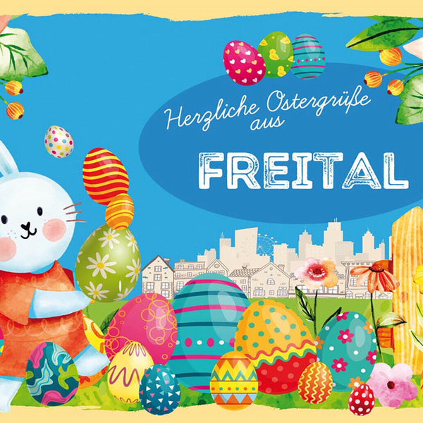 Schild Spruch Herzliche Ostergrüße aus Freital Osterhase Eier Comic JW