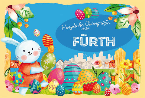 Schild Spruch Herzliche Ostergrüße aus Fürth Osterhase Eier Comic JW