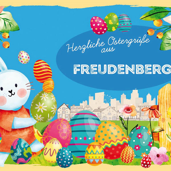 Schild Spruch Herzliche Ostergrüße aus Freudenberg Osterhase Eier Comic JW