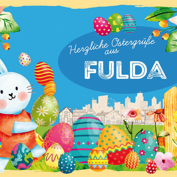 Schild Spruch Herzliche Ostergrüße aus Fulda Osterhase Eier Comic JW