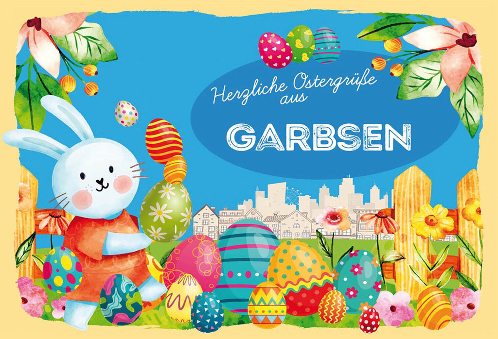 Schild Spruch Herzliche Ostergrüße aus Garbsen Osterhase Eier Comic JW