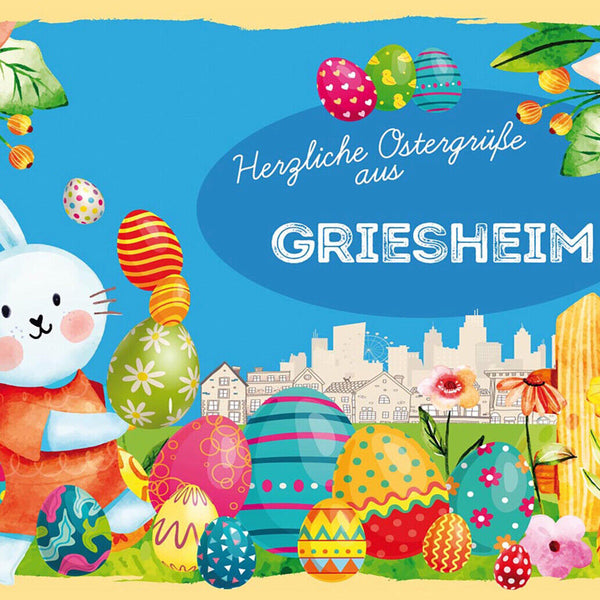Schild Spruch Herzliche Ostergrüße aus Griesheim Osterhase Eier Comic JW