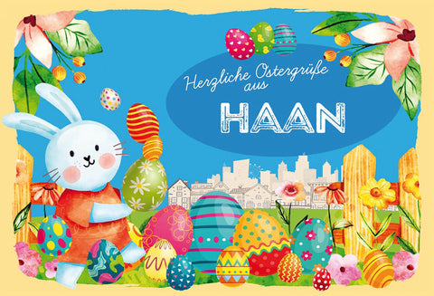Schild Spruch Herzliche Ostergrüße aus Haan Osterhase Eier Comic JW