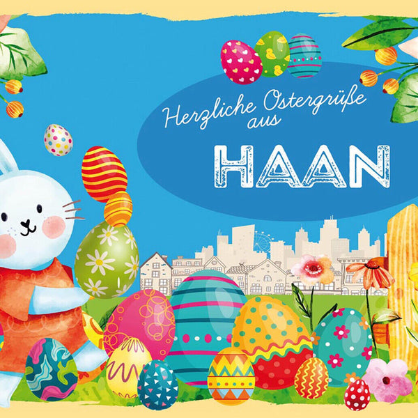 Schild Spruch Herzliche Ostergrüße aus Haan Osterhase Eier Comic JW
