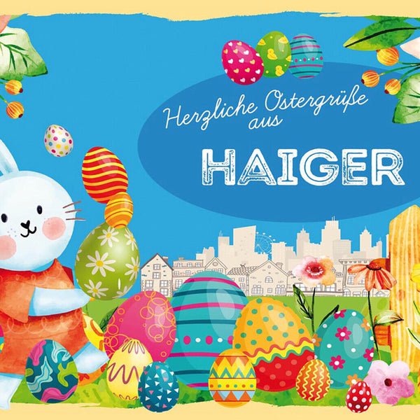 Schild Spruch Herzliche Ostergrüße aus Haiger Osterhase Eier Comic JW
