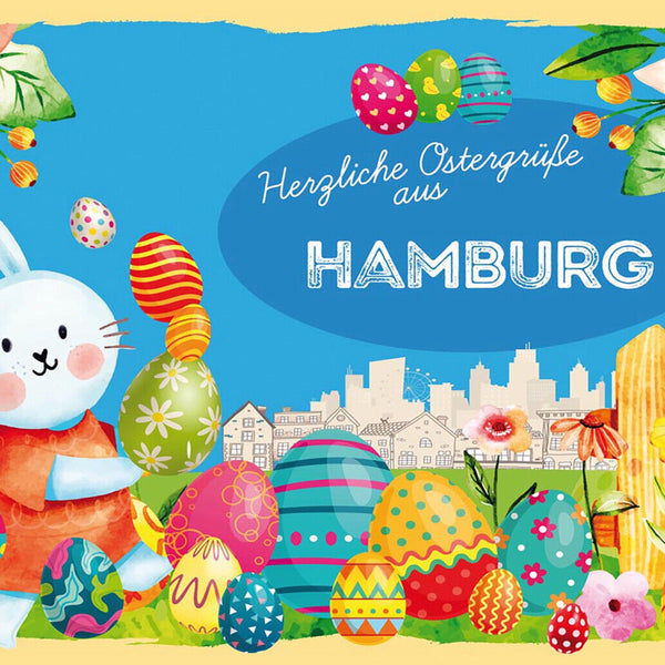 Schild Spruch Herzliche Ostergrüße aus Hamburg Osterhase Eier Comic JW