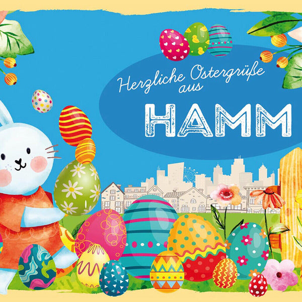 Schild Spruch Herzliche Ostergrüße aus Hamm Osterhase Eier Comic JW