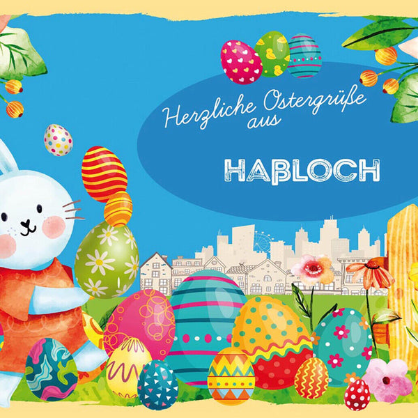 Schild Spruch Herzliche Ostergrüße aus Haßloch Osterhase Eier Comic JW