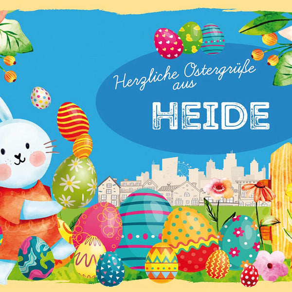 Schild Spruch Herzliche Ostergrüße aus Heide Osterhase Eier Comic JW