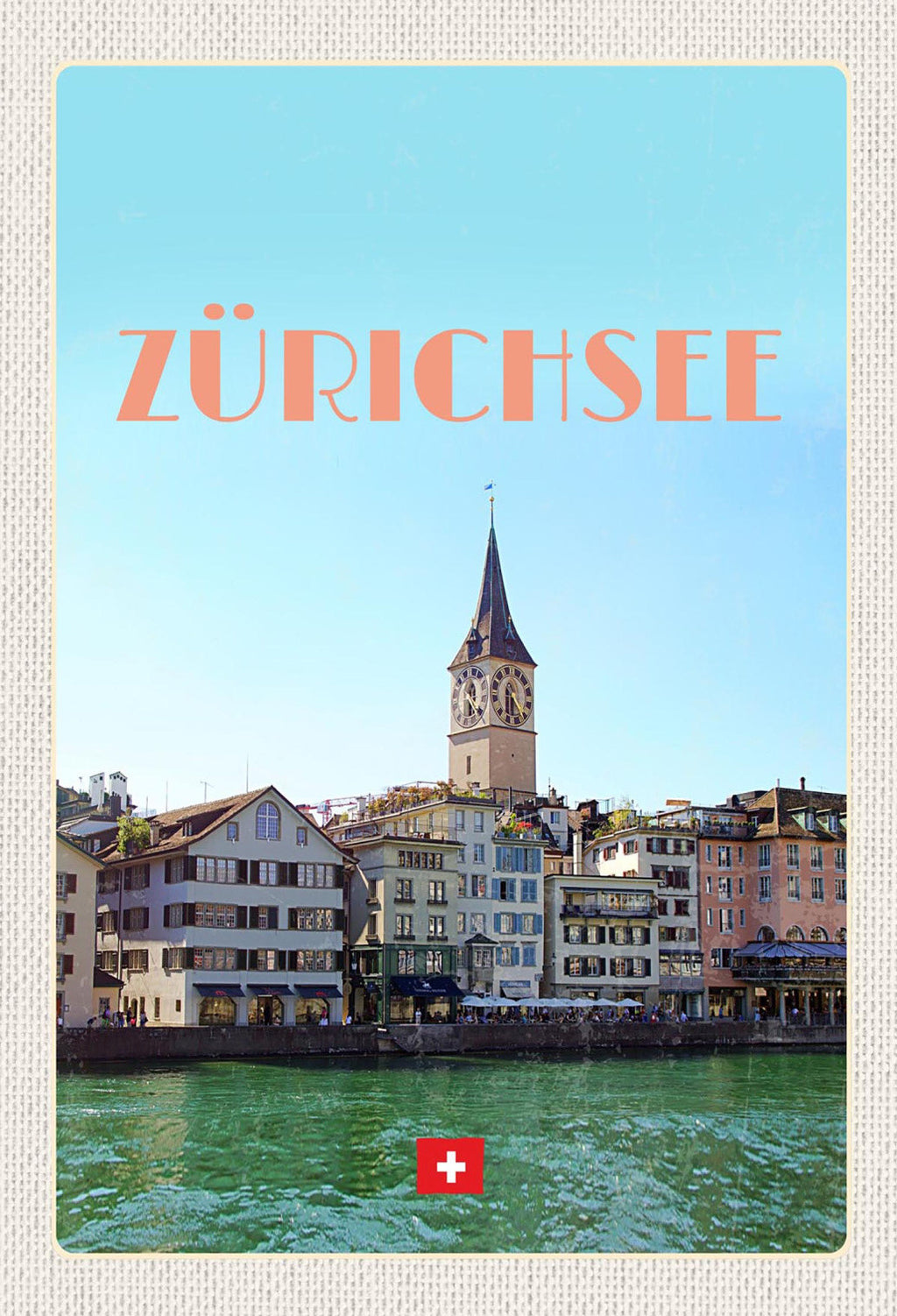 Schild Spruch Zürichsee Schweiz Häuserfront Kirchturm JW