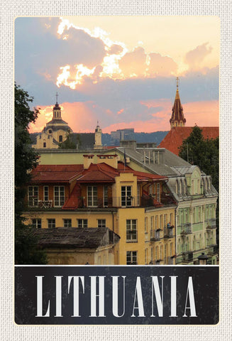 Schild Spruch Lithuania Litauen Kirchen Abendrot Stadtansicht JW