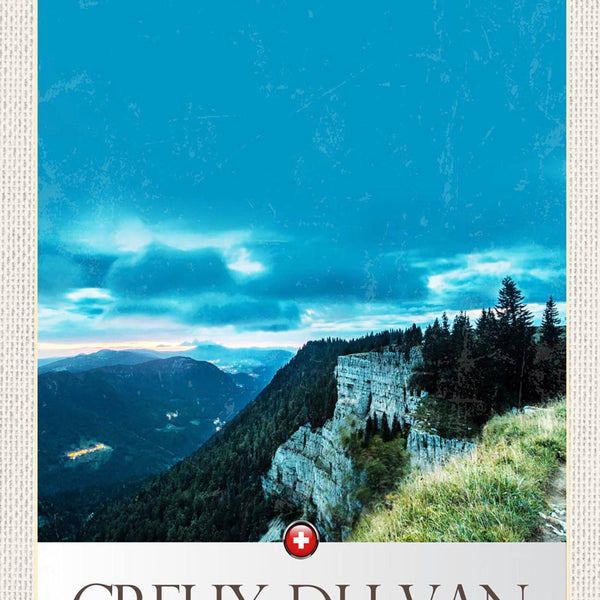 Schild Spruch Creux du Van Switzerland Schweiz Berge Felswand Wald JW
