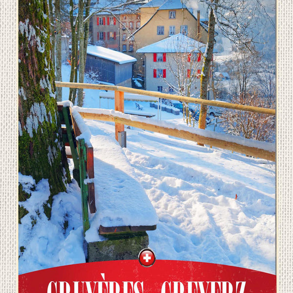 Schild Spruch Gruyeres-Greyerz Switzerland Schweiz Winter Weg Häuser JW