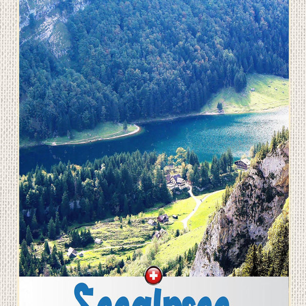 Schild Spruch Seealpsee Switzerland Schweiz Berge Wald JW