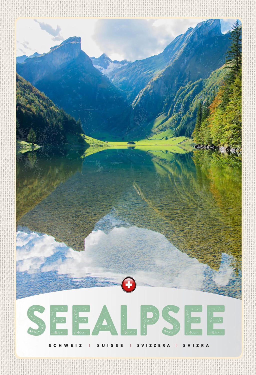Schild Spruch Seealpsee Switzerland Schweiz Berge Wald JW