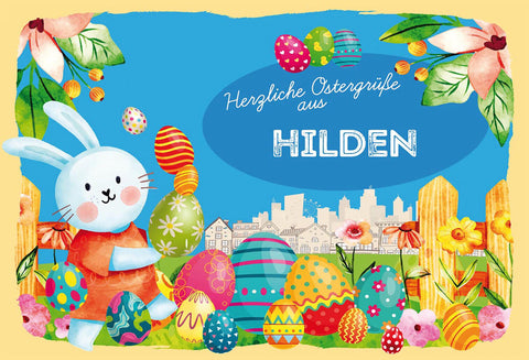 Schild Spruch Herzliche Ostergrüße aus Hilden Osterhase Eier Comic JW