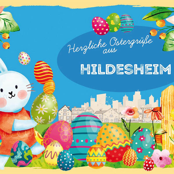 Schild Spruch Herzliche Ostergrüße aus Hildesheim Osterhase Eier Comic JW