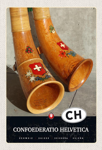 Schild Spruch Confoederatio Helvetica Switzerland Schweiz Alphörner JW