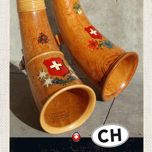 Schild Spruch Confoederatio Helvetica Switzerland Schweiz Alphörner JW