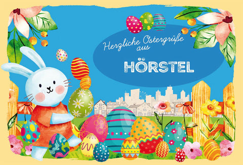 Schild Spruch Herzliche Ostergrüße aus Hörstel Osterhase Eier Comic JW