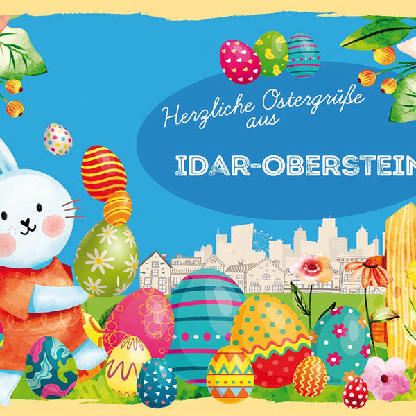 Schild Spruch Herzliche Ostergrüße aus Idar-Oberstein Osterhase Comic JW
