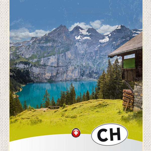 Schild Spruch Confoederatio Helvetica Switzerland Schweiz Berge See Hütte JW
